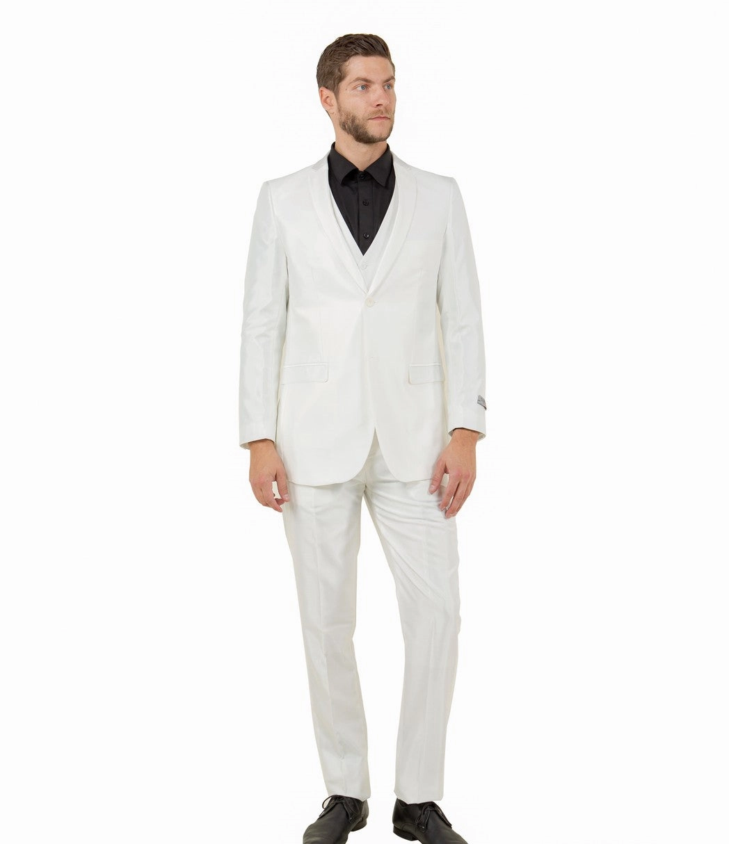 Odyssey Collection: Three-Piece Slim Fit Sharkskin Solid Suit in Ivory