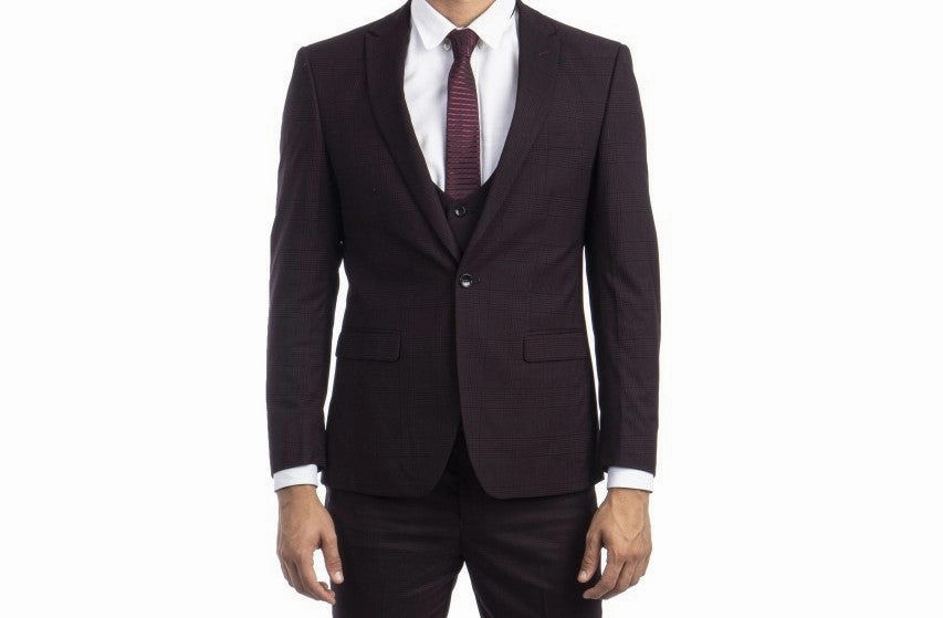 Olympus Lux Collection: Burgundy Glen Check Three-Piece Suit – Ultra Slim Fit