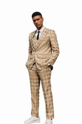 Onyxo Collection: Men's Glen Plaid 3 Piece Hybrid Fit Suit In Copper