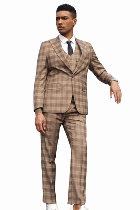 Onyxo Collection: Men's Glen Plaid 3 Piece Hybrid Fit Suit In Mid Brown