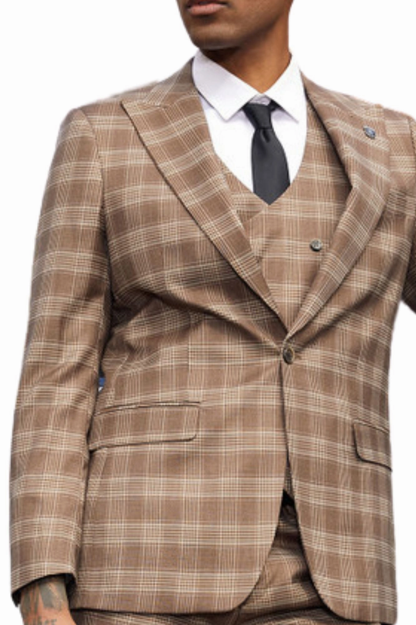 Onyxo Collection: Men's Glen Plaid 3 Piece Hybrid Fit Suit In Mid Brown
