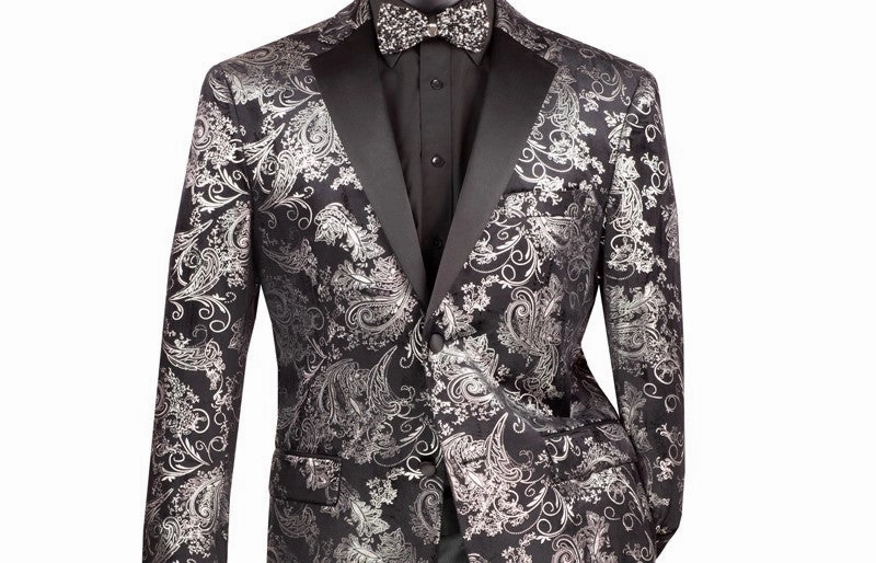 Orionis Collection: Silver Paisley Embossed Satin Peak Lapel Velvet Blazer – Modern Fit