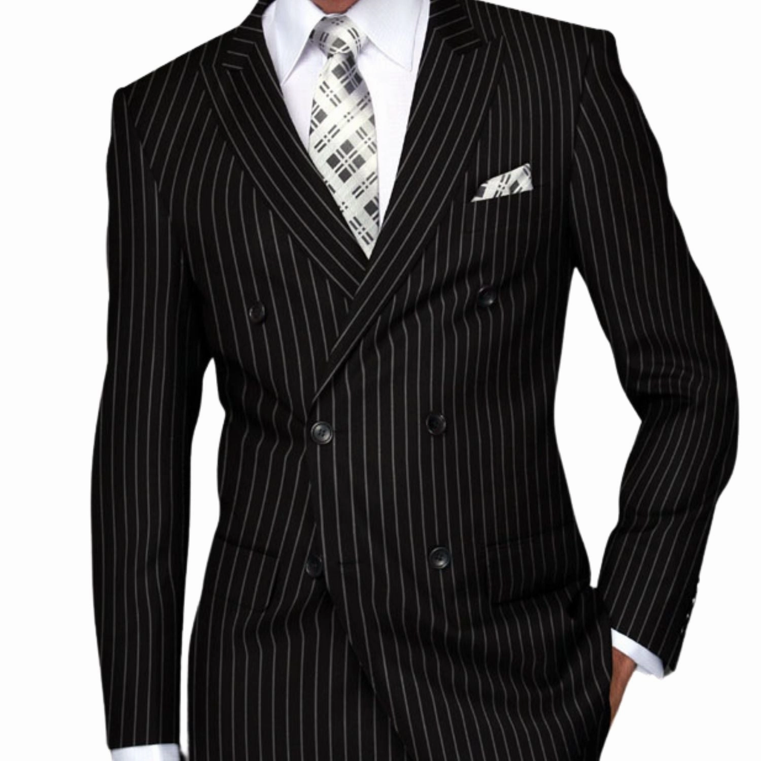 Orpheus Collection: Black Pinstripe Double Breasted Suit, Super 180's Italian Wool, 2-Piece