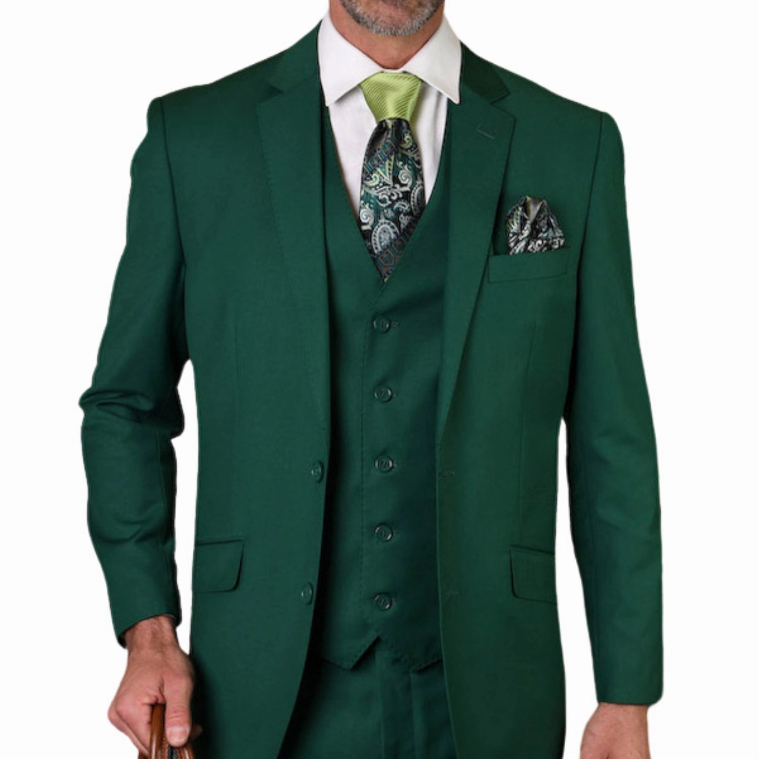Pan Prestige Collection: 3PC Modern Fit Solid Color Suit With Super 150's Italian Wool In Forest Green