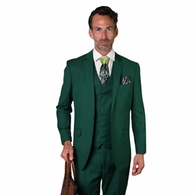 Pan Prestige Collection: 3PC Modern Fit Solid Color Suit With Super 150's Italian Wool In Forest Green