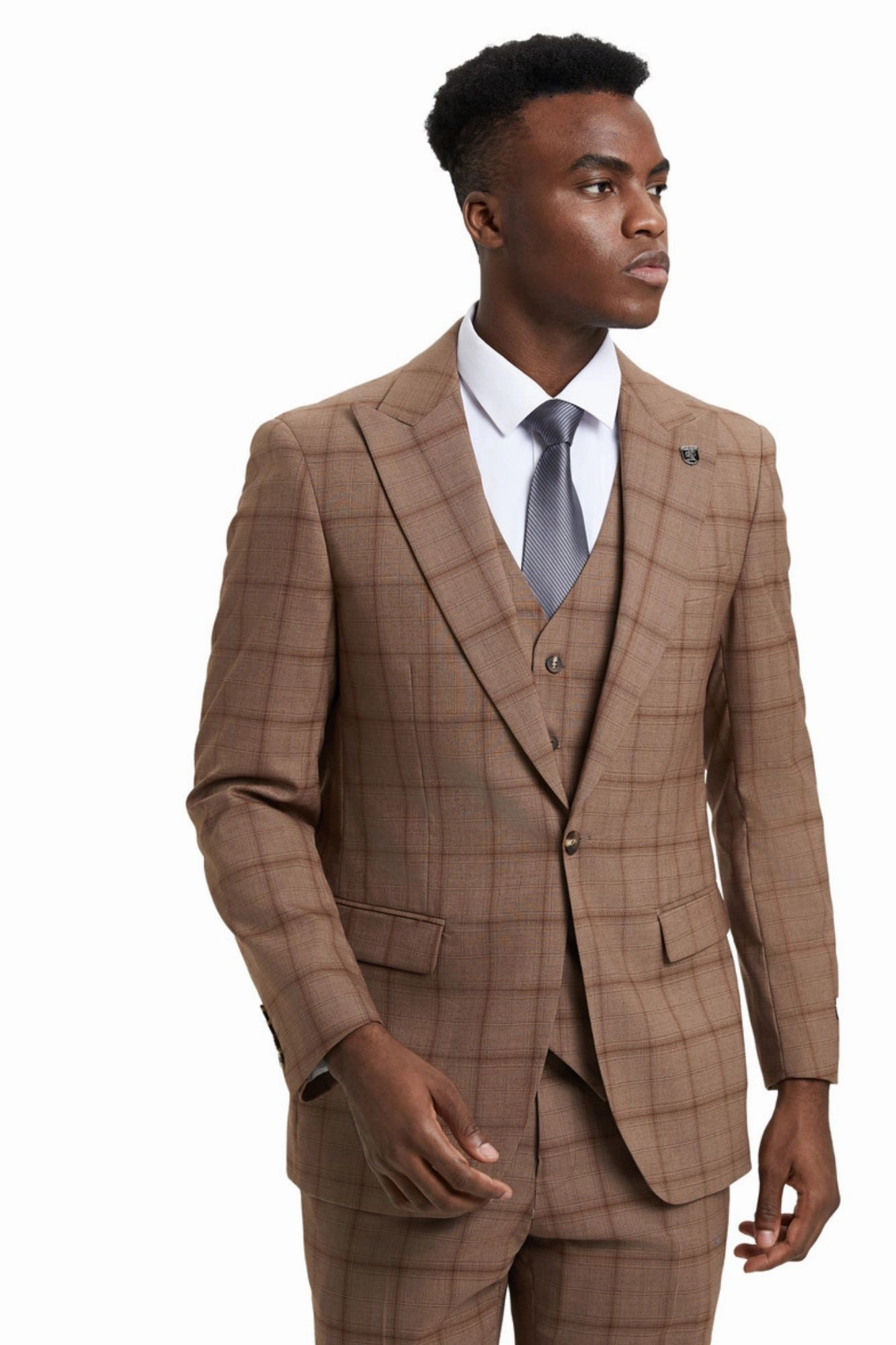 Panachify Collection: Men's Windowpane Hybrid Fit 3 Piece Suit In Brown