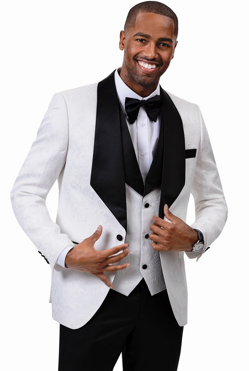 Pavo Collection: White & Black Tone on Tone Design Fashion Blazer & Vest-Soprano