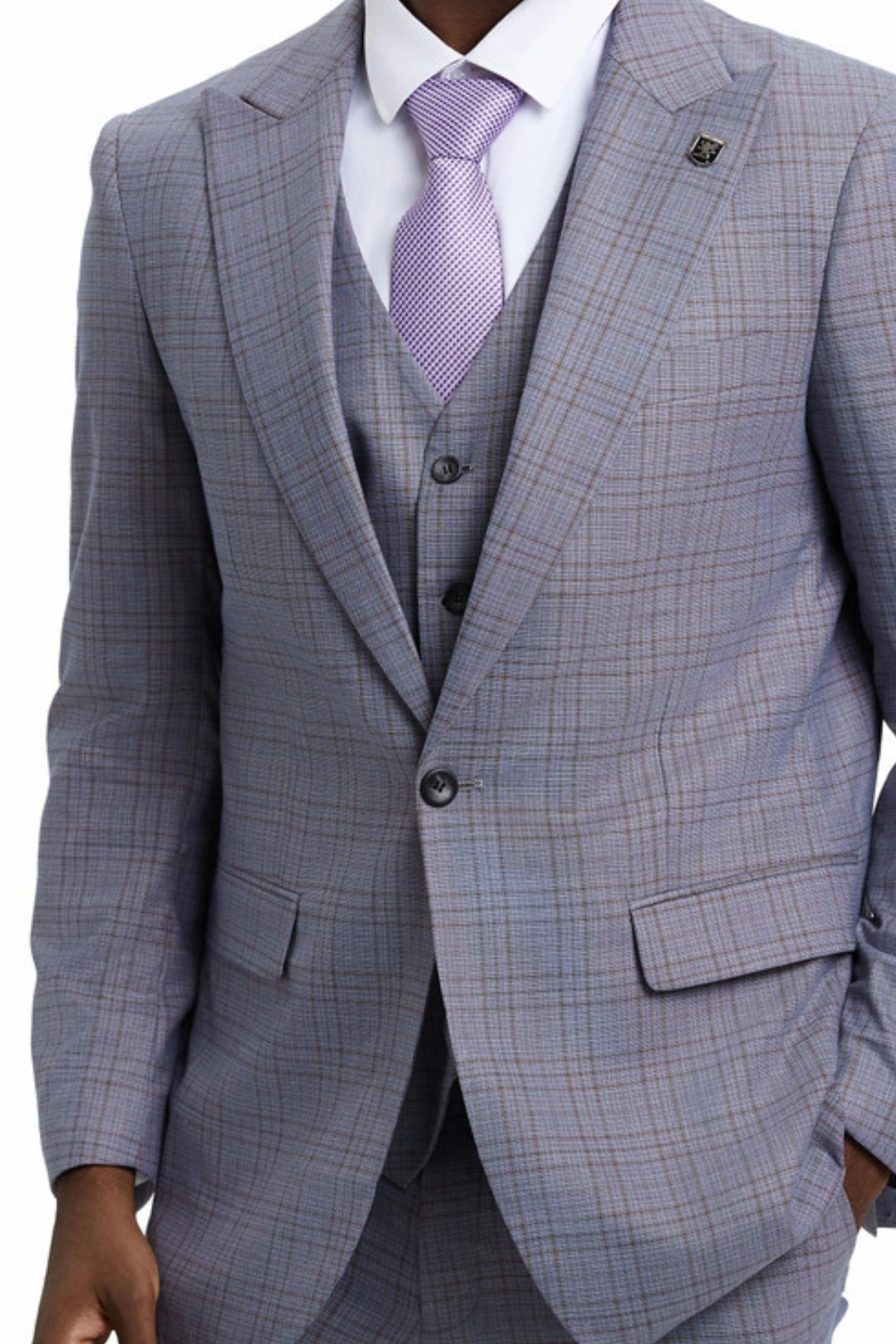 Persephone Collection: Plaid 3-Piece One-Button Closure Hybrid Fit Suit In Grey