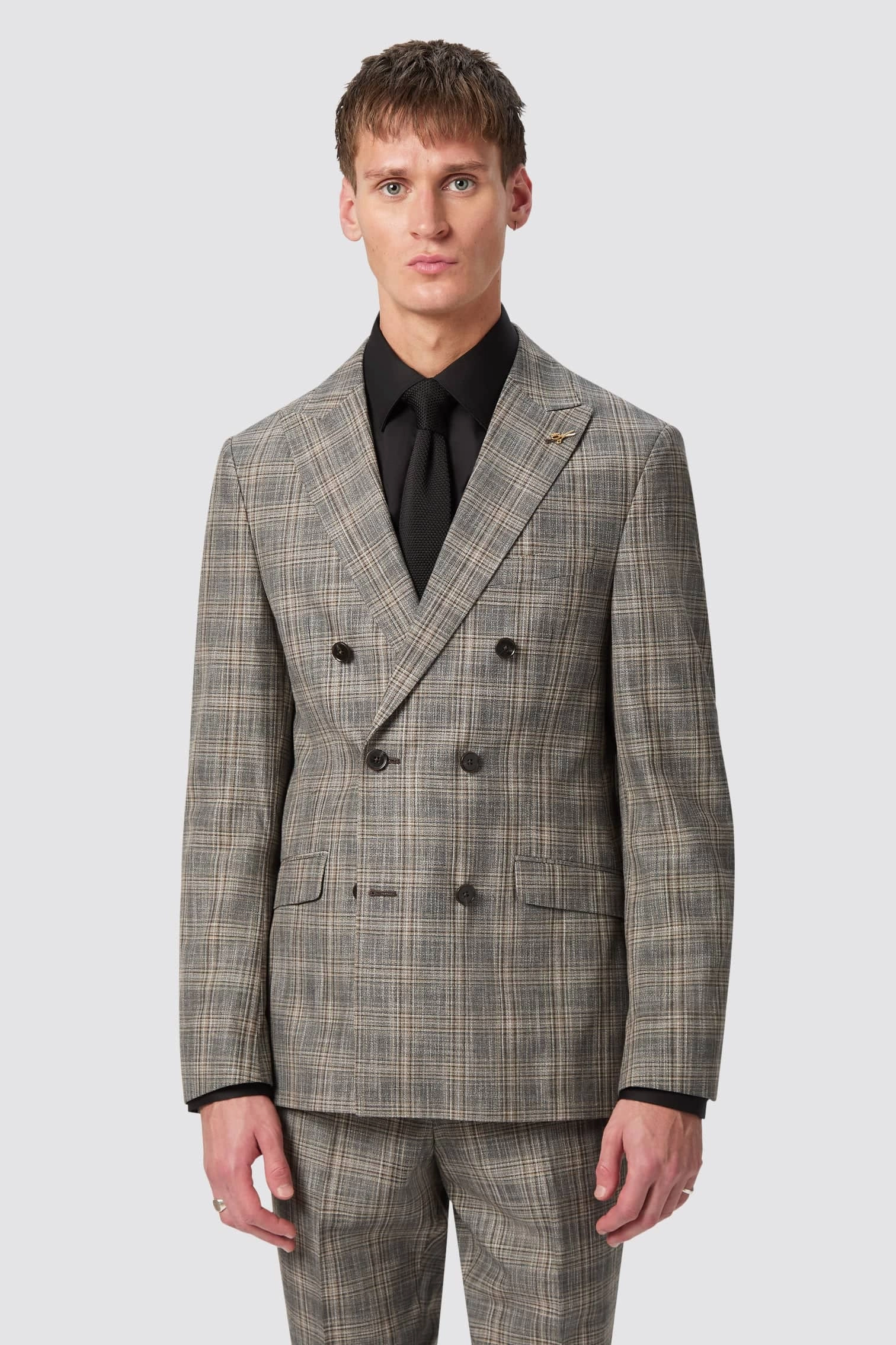 Plunkett Slim Fit Grey Check Double Breasted Suit - ARCHIVE