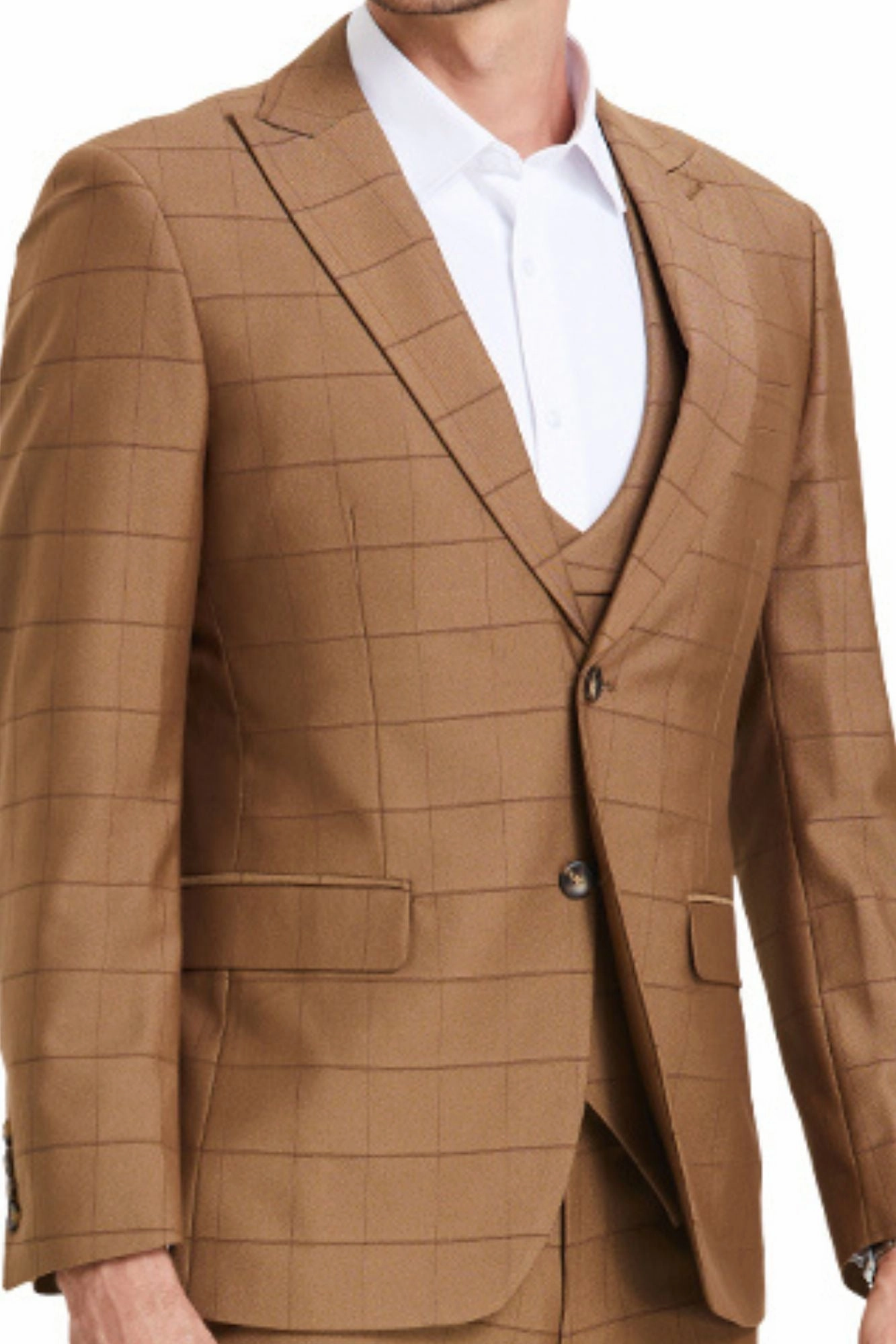 Poseidon Collection: 3-Piece Slim Fit Windowpane Suit For Men In Walnut