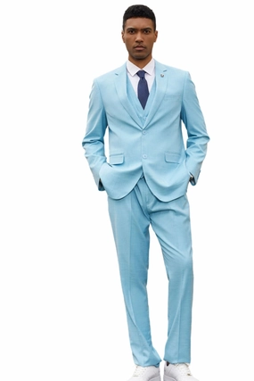 PoshPerry Collection: Men's 3 Piece Solid Textured Hybrid Fit Suit In Aqua