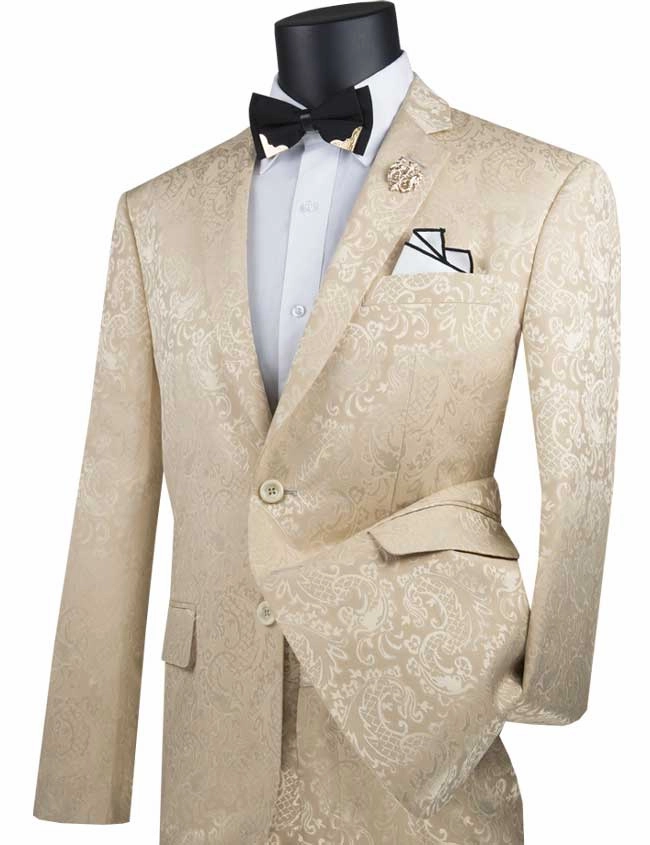 PoshPunto Collection: Beige 2 Piece Tone on Tone Paisley Print Single Breasted Slim Fit Suit