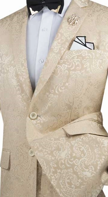 PoshPunto Collection: Beige 2 Piece Tone on Tone Paisley Print Single Breasted Slim Fit Suit