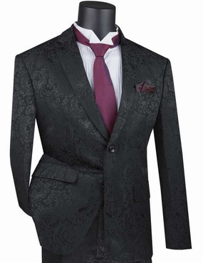 PoshPunto Collection: Black 2 Piece Tone on Tone Paisley Print Single Breasted Slim Fit Suit