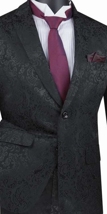 PoshPunto Collection: Black 2 Piece Tone on Tone Paisley Print Single Breasted Slim Fit Suit