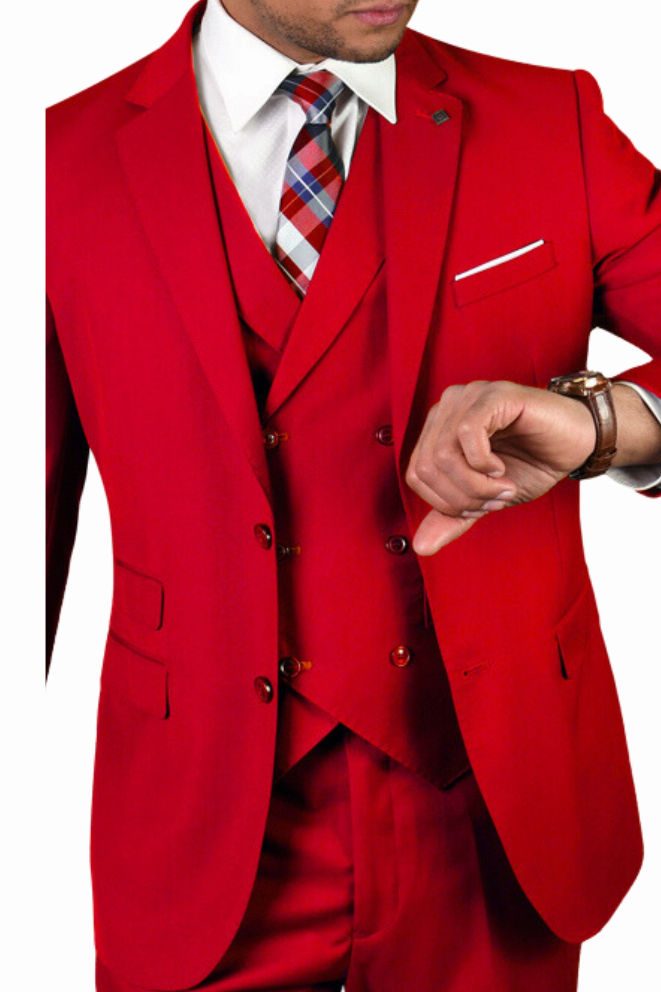 Qualitique Collection: Red 3PC Modern Fit Suit with Double Breasted Vest