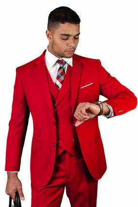 Qualitique Collection: Red 3PC Modern Fit Suit with Double Breasted Vest