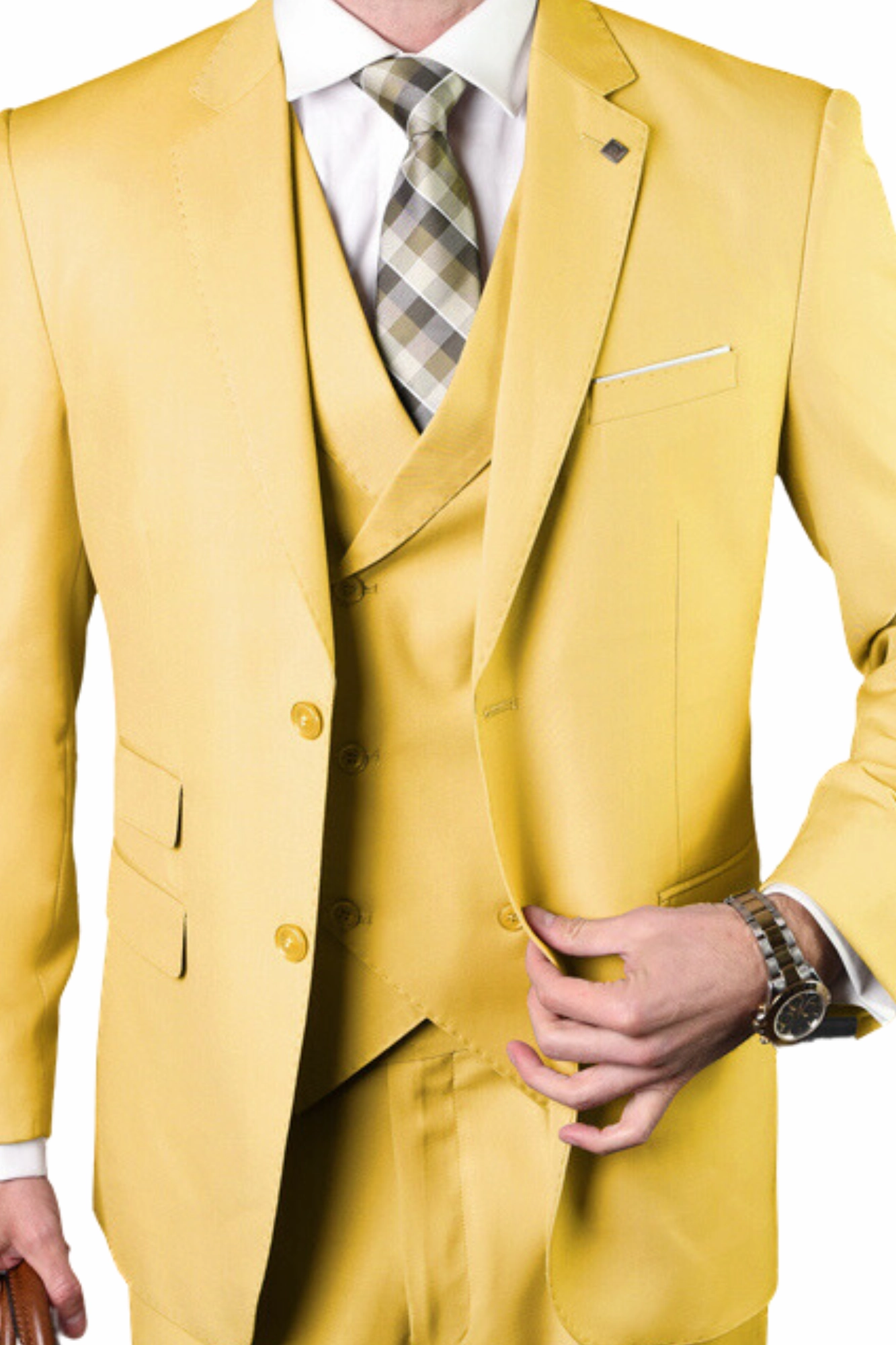 Qualitique Collection: Yellow 3PC Modern Fit Suit with Double Breasted Vest