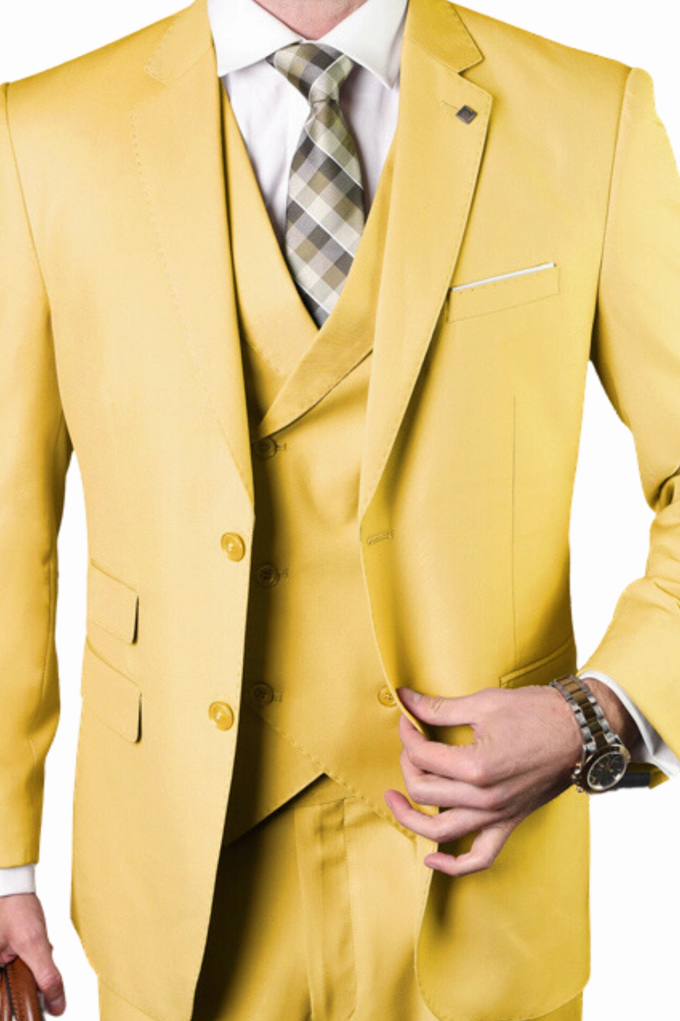 Qualitique Collection: Yellow 3PC Modern Fit Suit with Double Breasted Vest