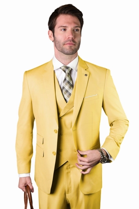 Qualitique Collection: Yellow 3PC Modern Fit Suit with Double Breasted Vest