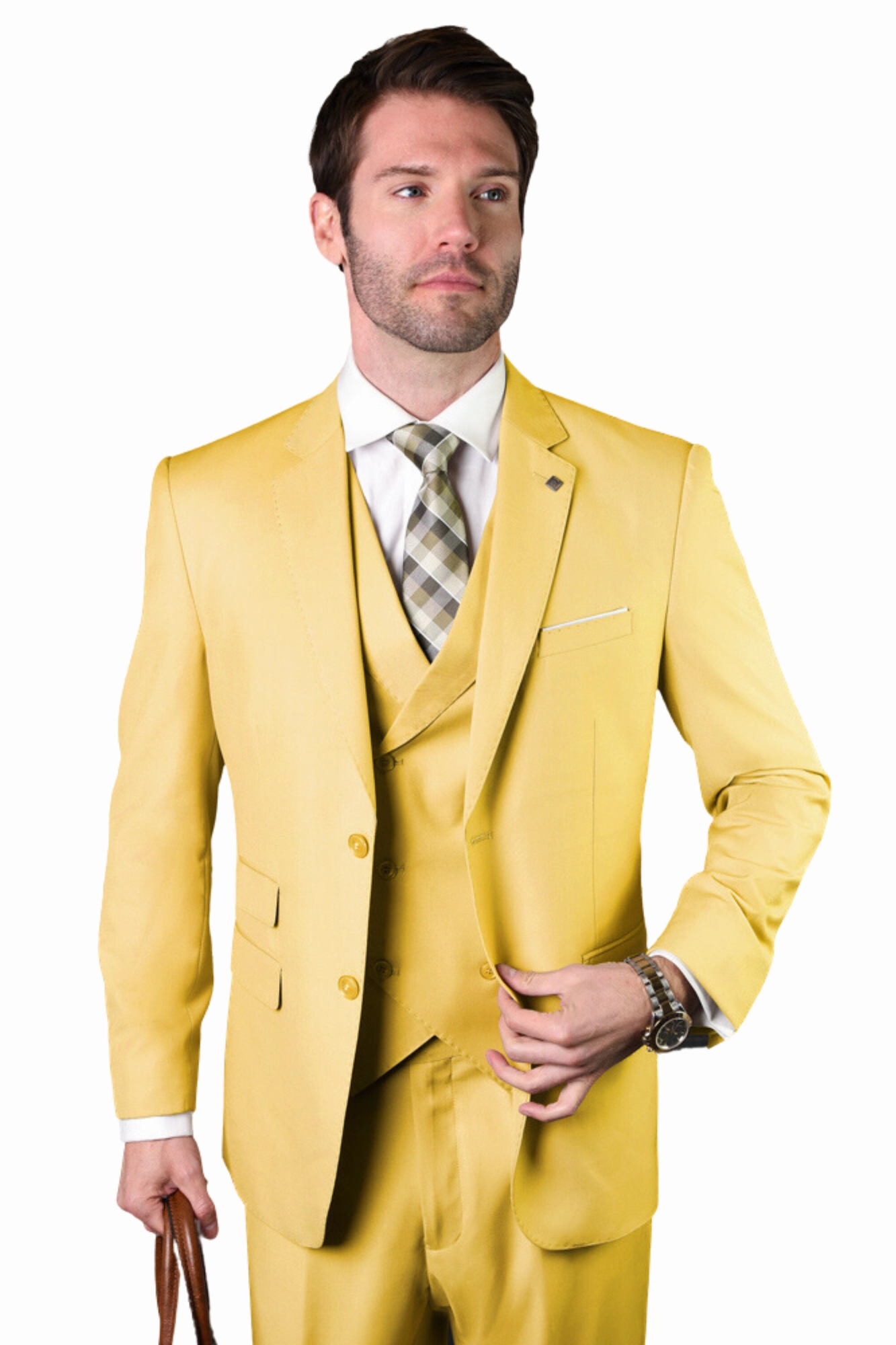 Qualitique Collection: Yellow 3PC Modern Fit Suit with Double Breasted Vest