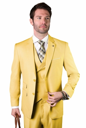 Qualitique Collection: Yellow 3PC Modern Fit Suit with Double Breasted Vest