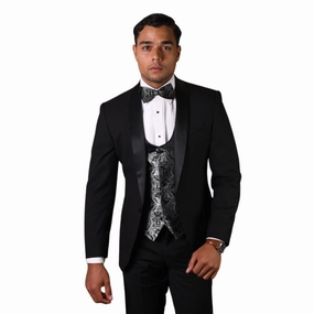 Quantum Collection: Black Tailored Fit Tuxedo, 3-Piece with Flat Front Pants and Bow Tie