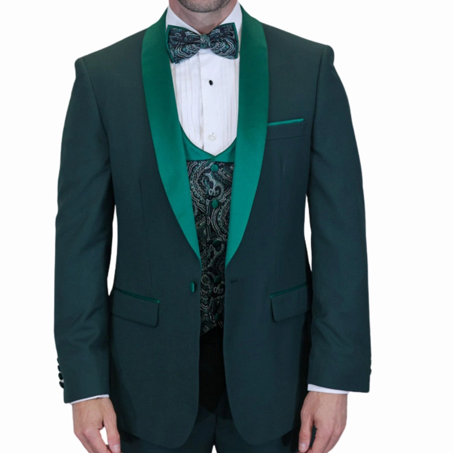 Quantum Collection: Hunter Green Tailored Fit Tuxedo, 3-Piece with Flat Front Pants and Bow Tie