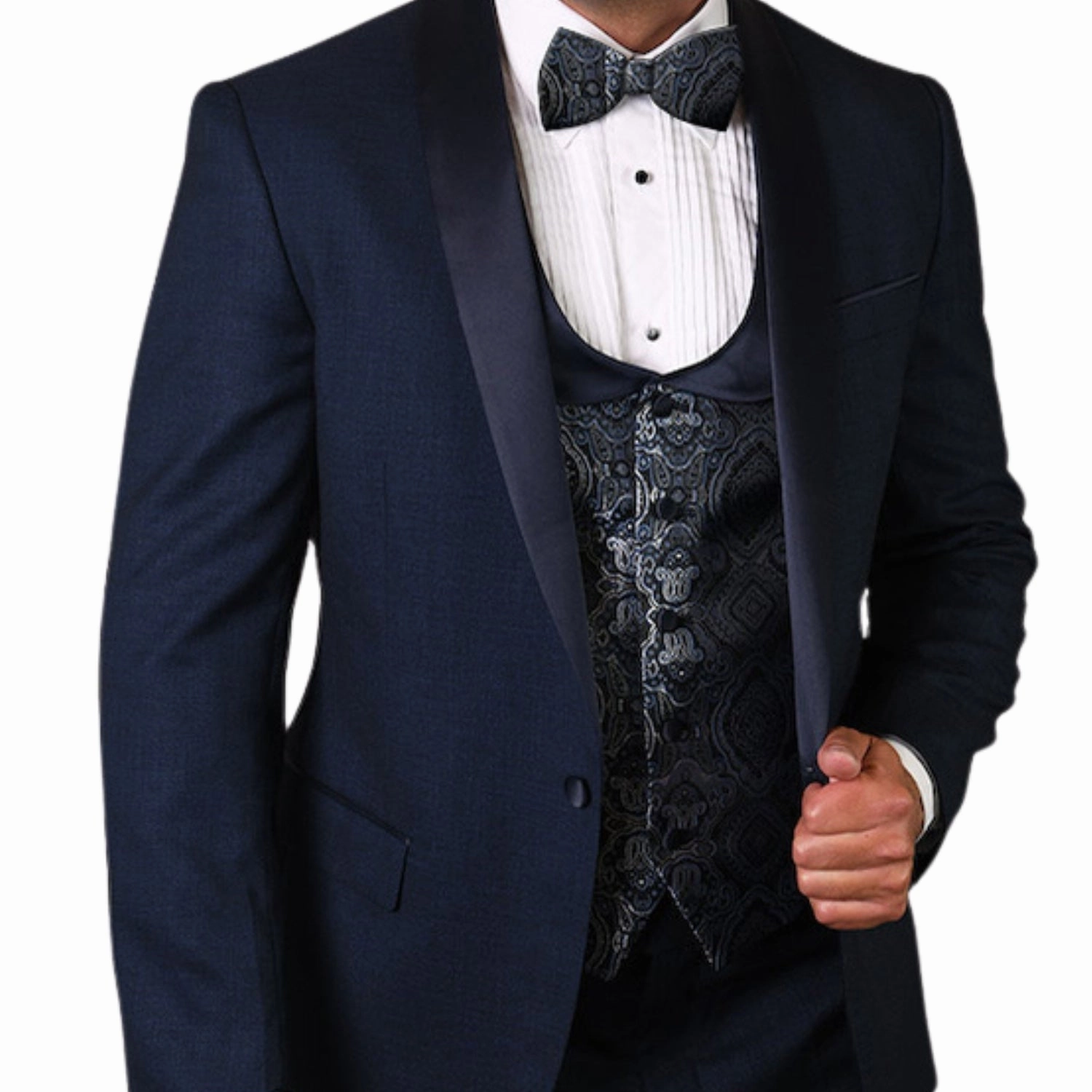 Quantum Collection: Indigo Tailored Fit Tuxedo, 3-Piece with Flat Front Pants and Bow Tie