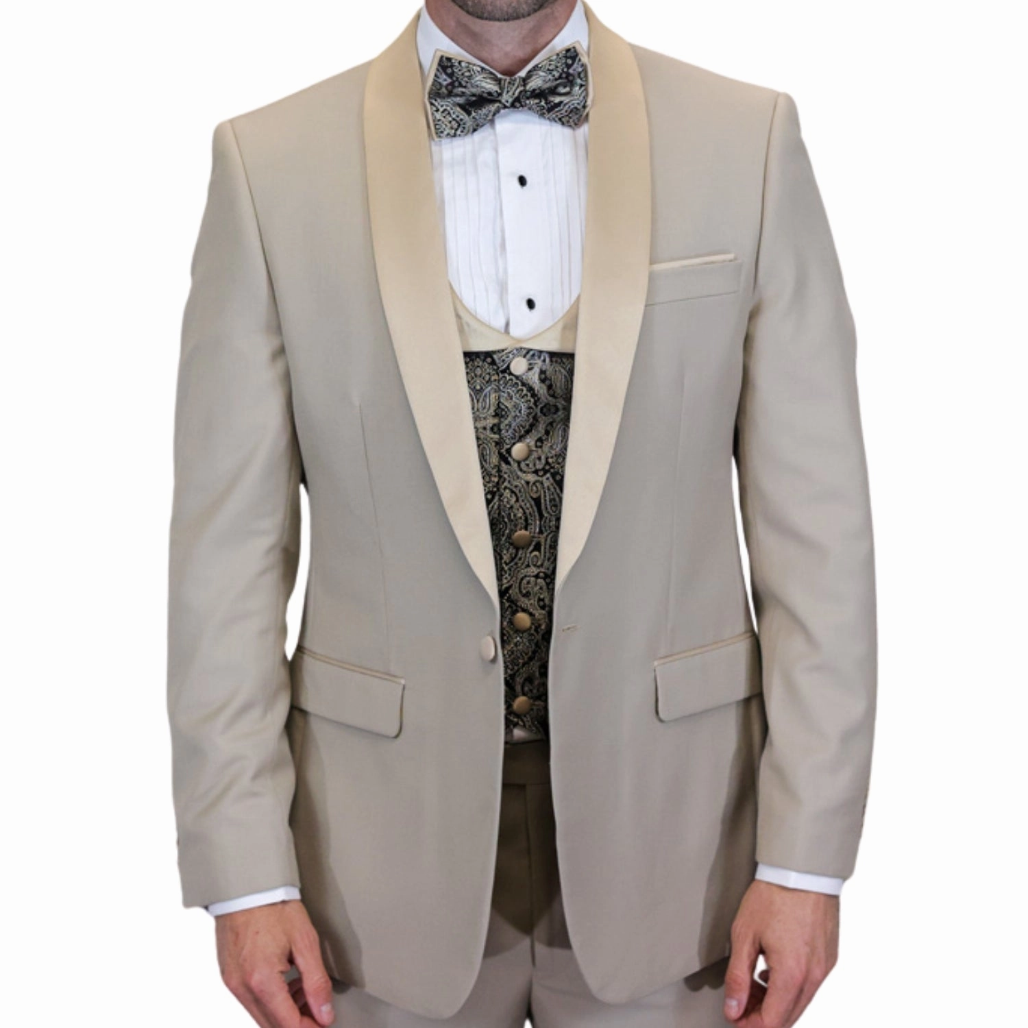 Quantum Collection: Tan Tailored Fit Tuxedo, 3-Piece with Flat Front Pants and Bow Tie