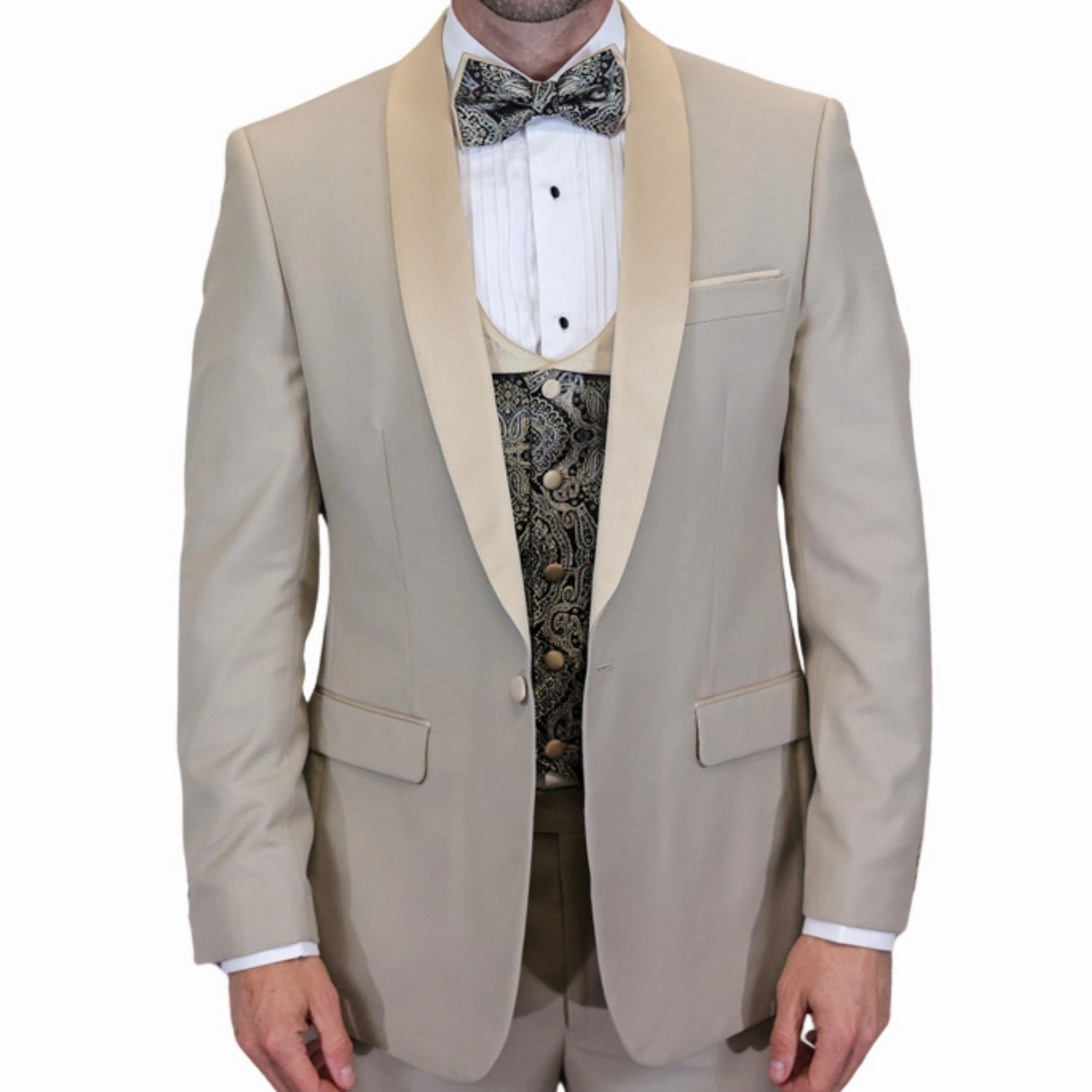 Quantum Collection: Tan Tailored Fit Tuxedo, 3-Piece with Flat Front Pants and Bow Tie
