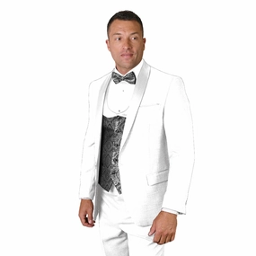 Quantum Collection: White Tailored Fit Tuxedo, 3-Piece with Flat Front Pants and Bow Tie