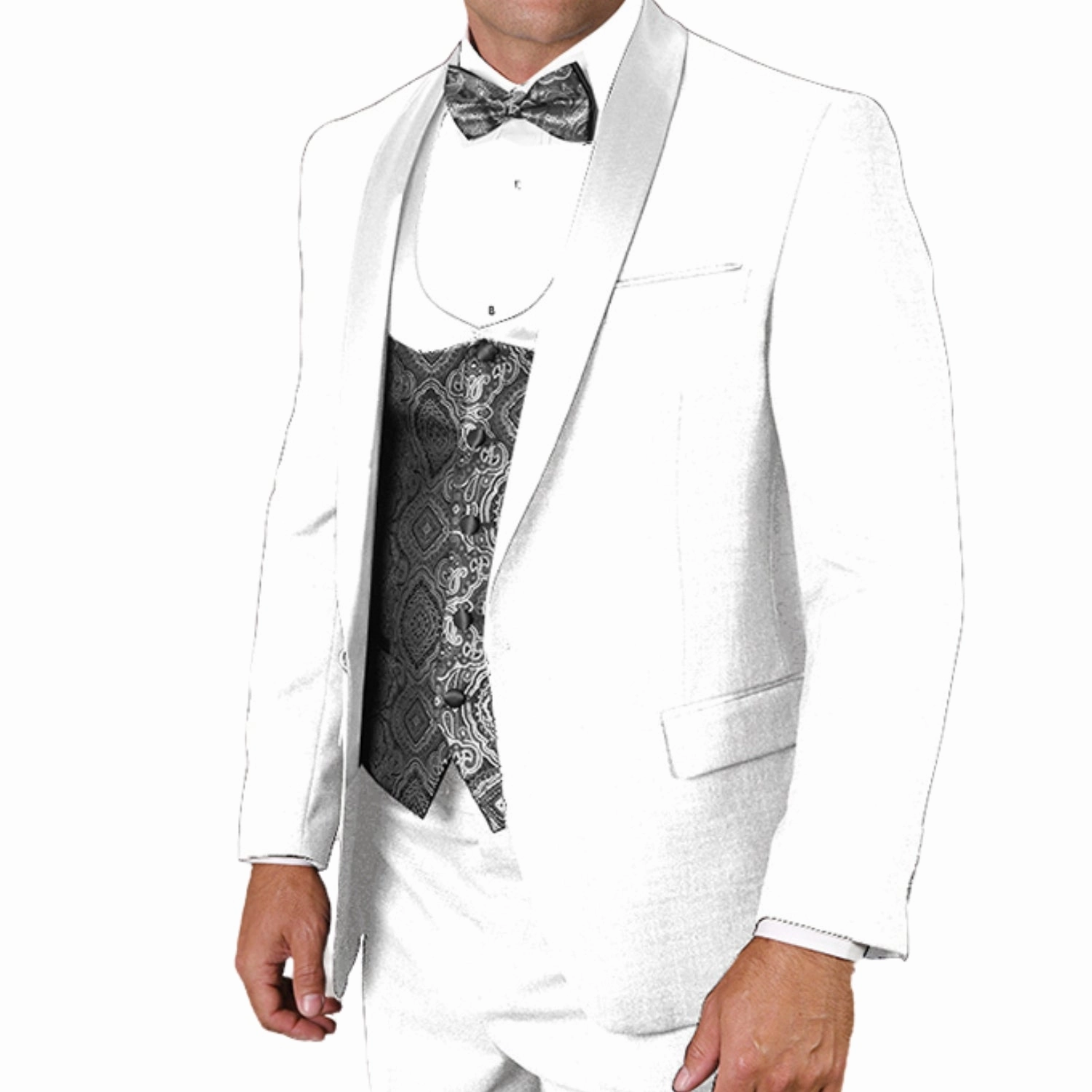 Quantum Collection: White Tailored Fit Tuxedo, 3-Piece with Flat Front Pants and Bow Tie