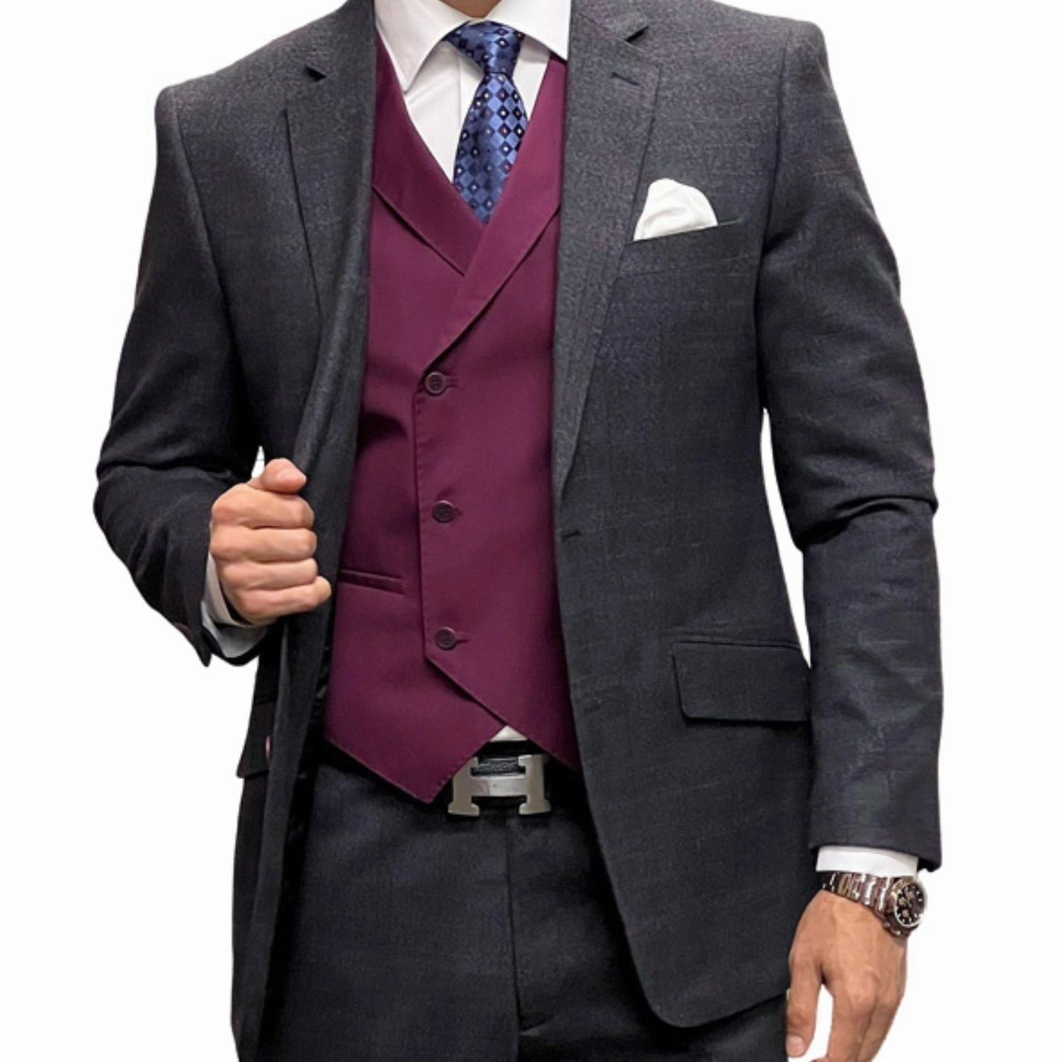 RegalRush Collection: Black Plaid 3-Piece Suit with Double-Breasted Vest - Modern Fit