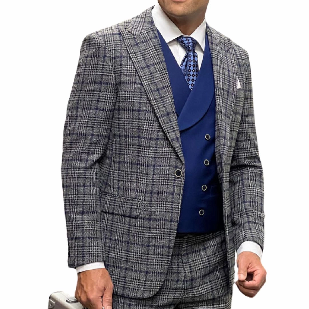 RegalRush Collection: Grey Plaid 3-Piece Suit with Double-Breasted Vest - Modern Fit