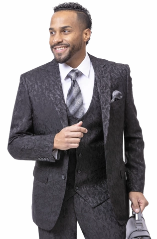 Rosette Collection: Black Solid Textured Tone On Tone Three Piece Regular Fit Fashion Suit