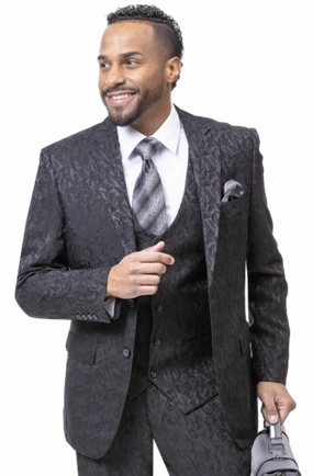 Rosette Collection: Black Solid Textured Tone On Tone Three Piece Regular Fit Fashion Suit
