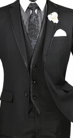 Royal Ravine Collection: Black 3 Piece Satin Trimmed Lapel Single Breasted Slim Fit Suit