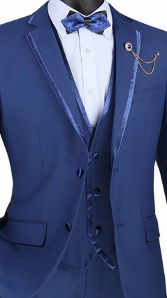 Royal Ravine Collection: Blue 3 Piece Satin Trimmed Lapel Single Breasted Slim Fit Suit
