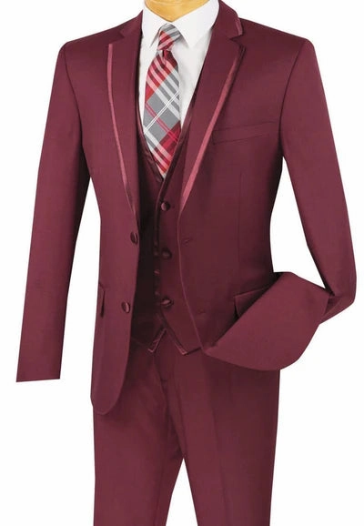 Royal Ravine Collection: Burgundy 3 Piece Satin Trimmed Lapel Single Breasted Slim Fit Suit