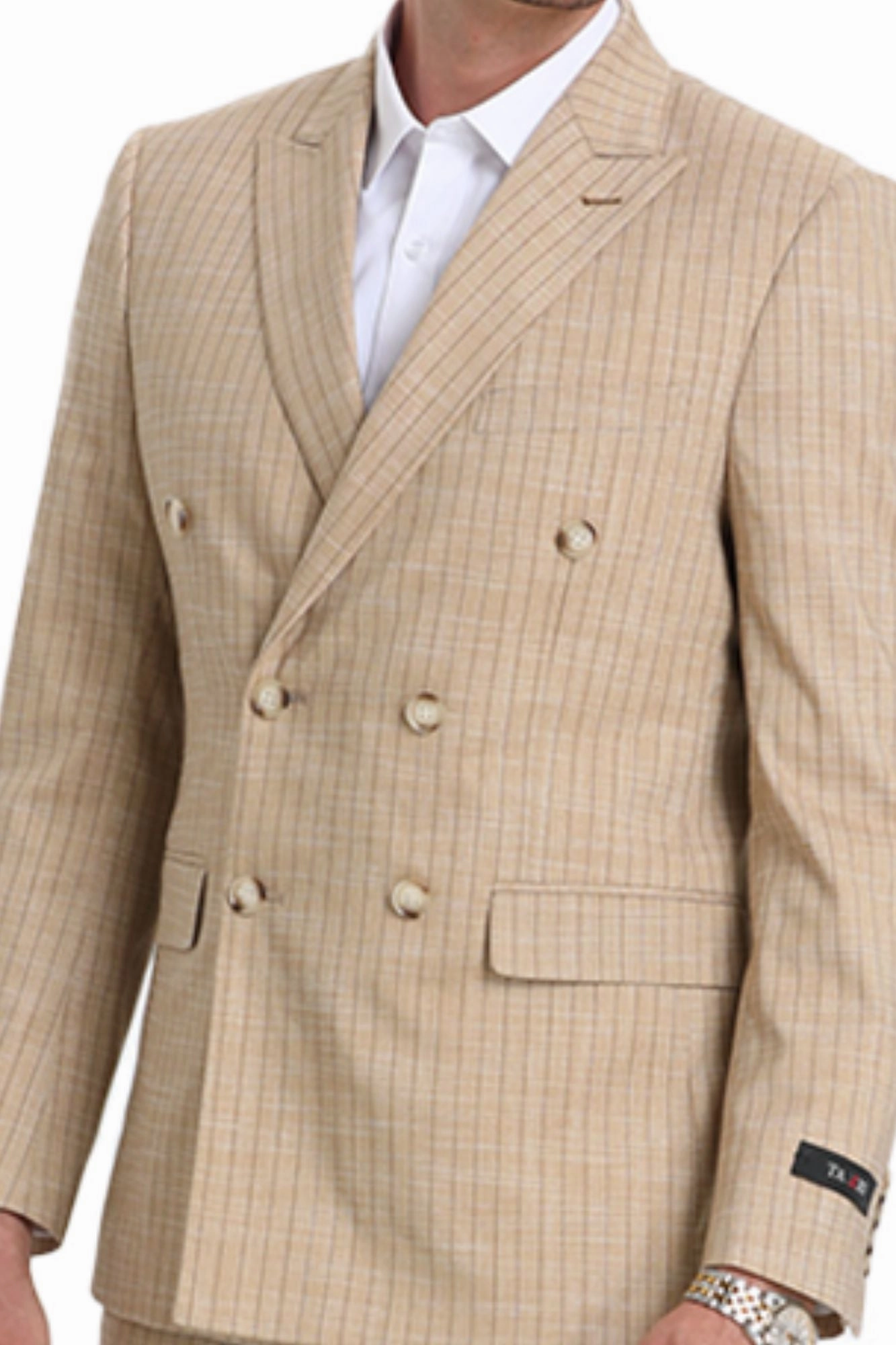Sandstone Collection: 2-Piece Slim Fit Pin Stripe Suit For Men In Khaki