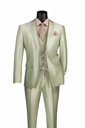 Satin Slim Fit Suit 3 Piece 2 Button in Light Sage