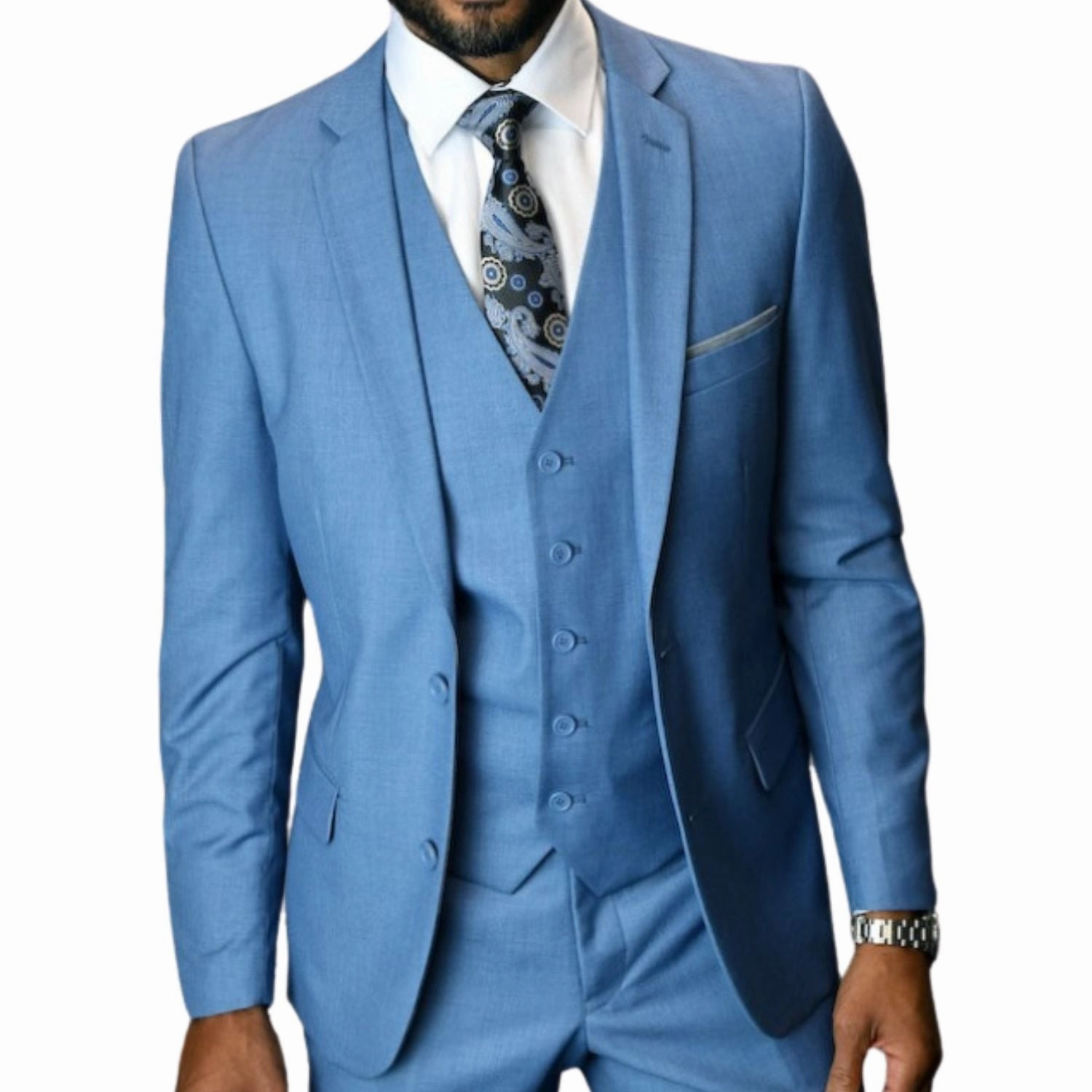 Sculptor Collection: 3-Piece Slim Fit Solid Suit For Men In Steel Blue