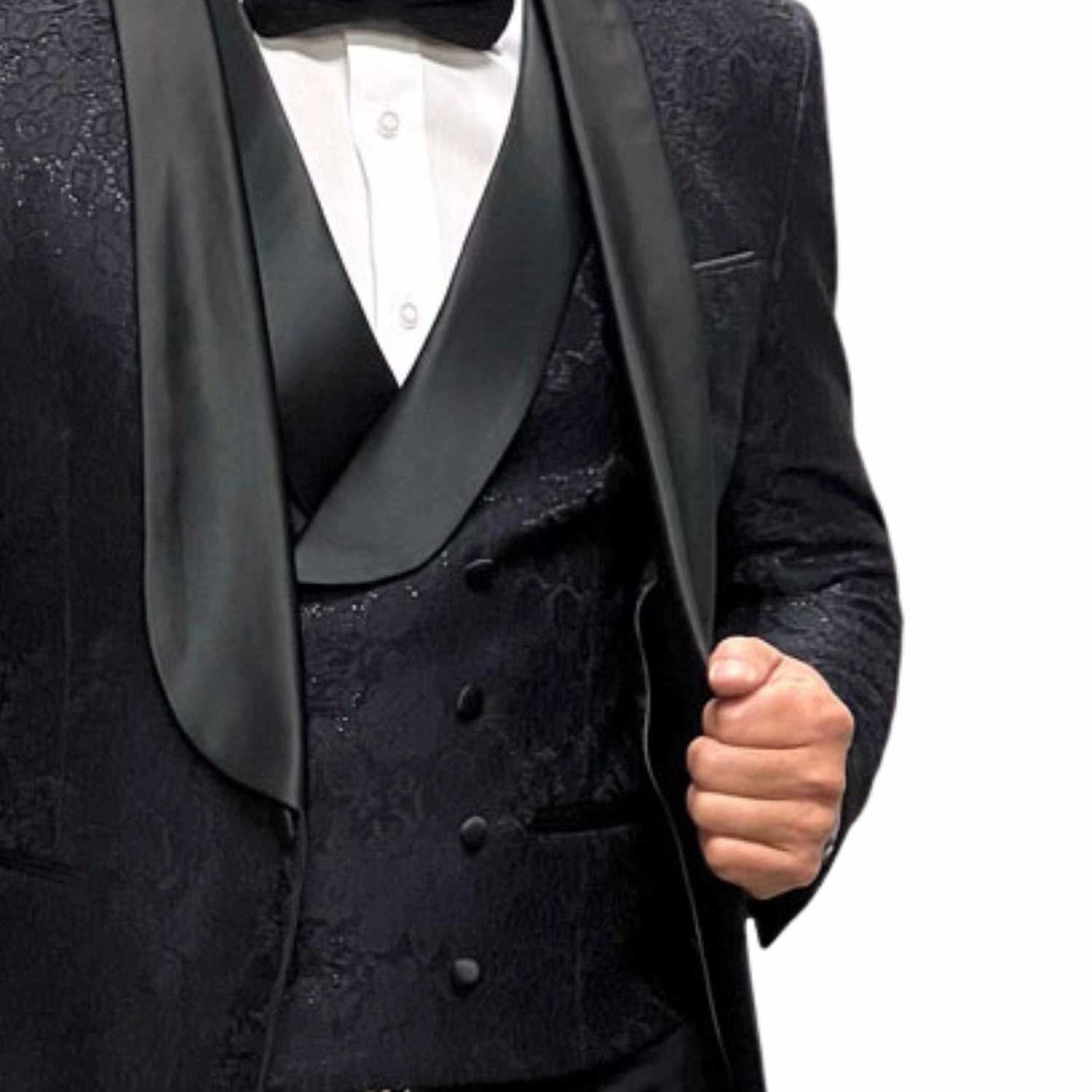 Slickora Collection: Black 3-Piece Fancy Lace Tuxedo with Double-Breasted Vest