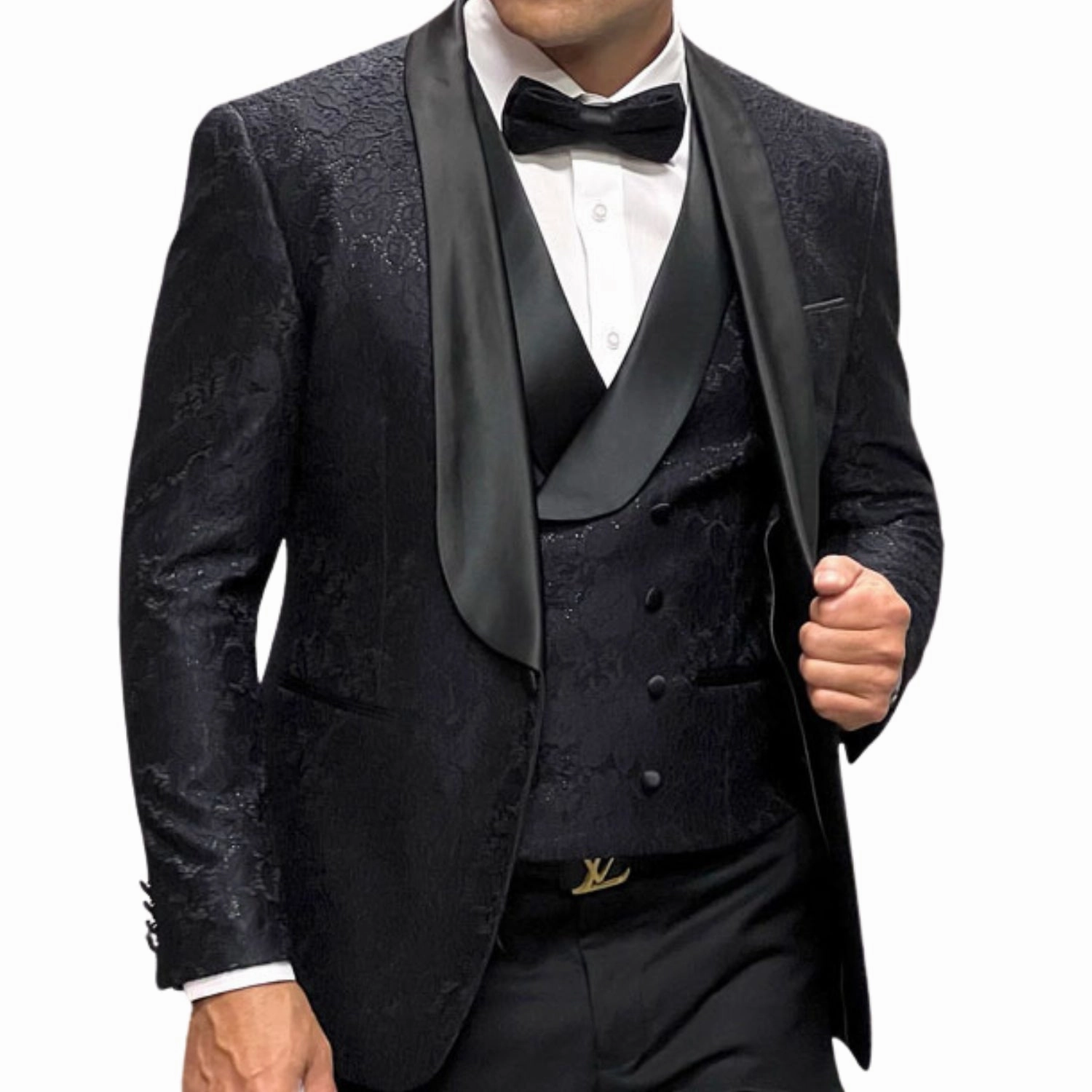Slickora Collection: Black 3-Piece Fancy Lace Tuxedo with Double-Breasted Vest