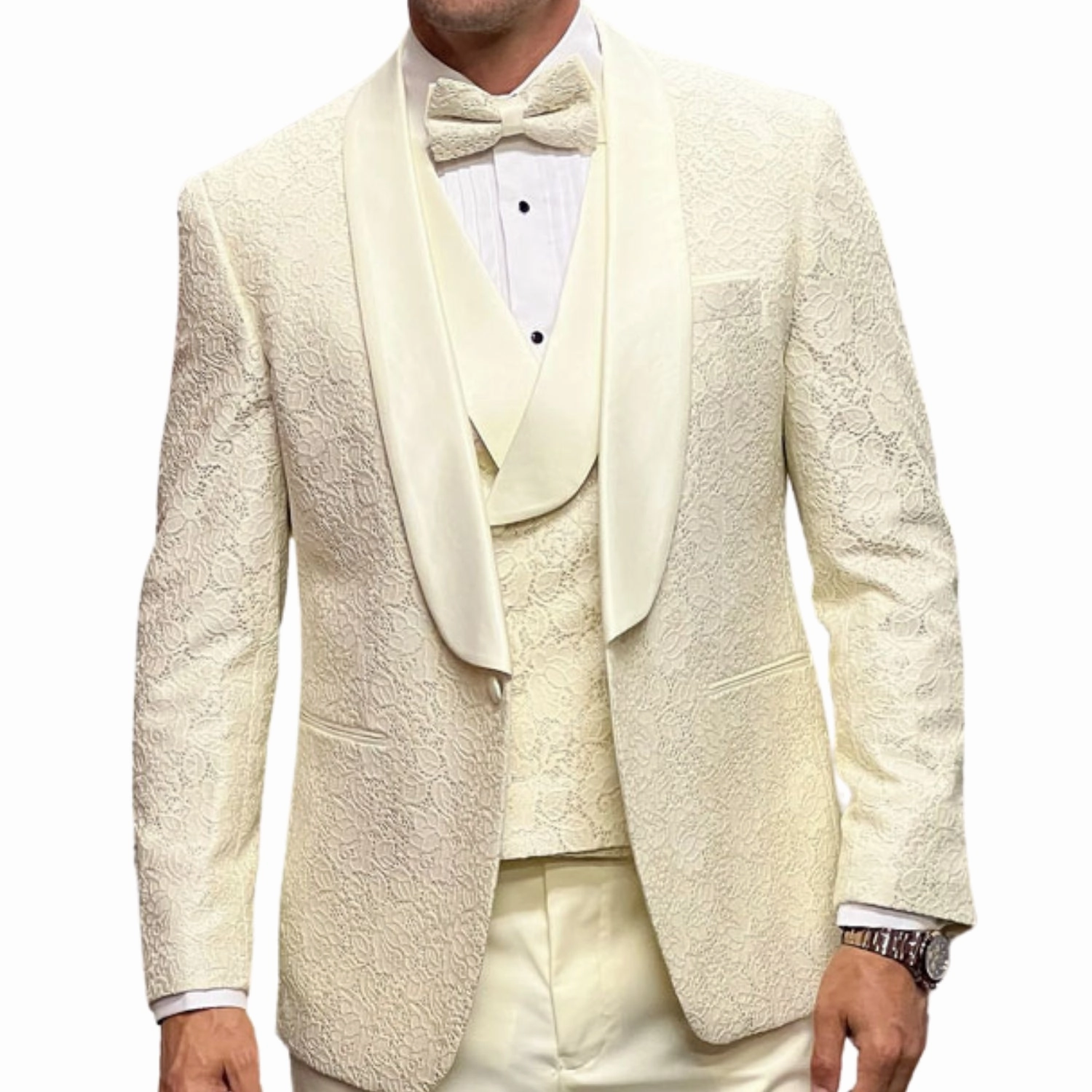 Slickora Collection: Off-White 3-Piece Fancy Lace Tuxedo with Double-Breasted Vest