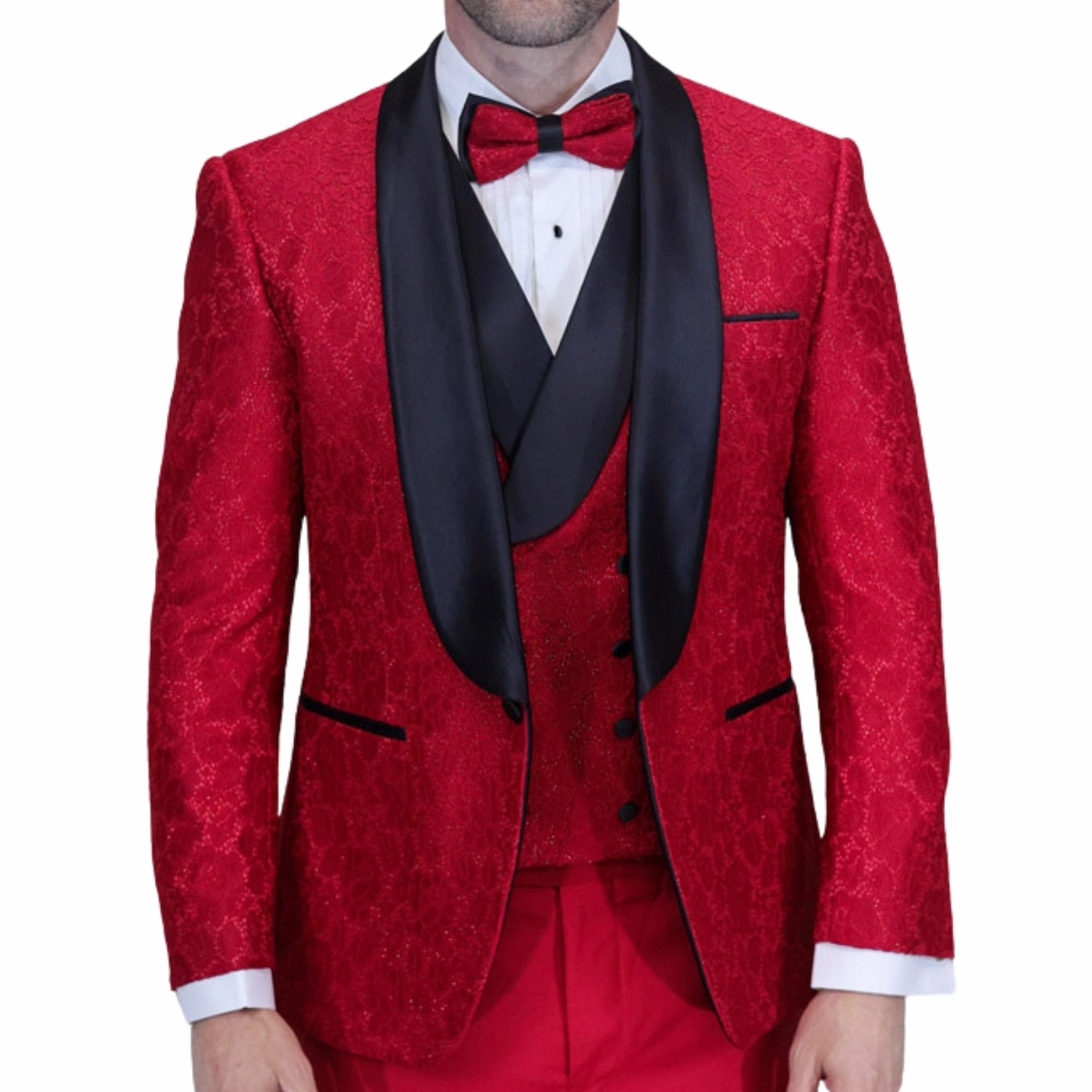 Slickora Collection: Red 3-Piece Fancy Lace Tuxedo with Double-Breasted Vest