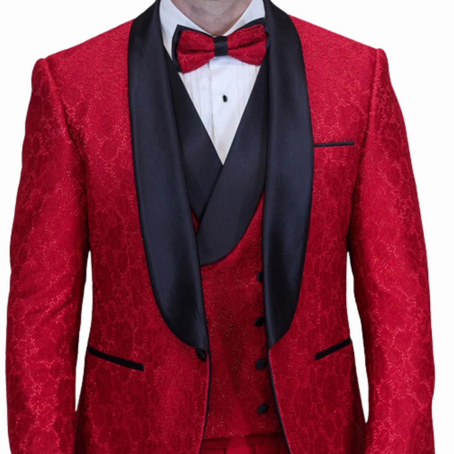 Slickora Collection: Red 3-Piece Fancy Lace Tuxedo with Double-Breasted Vest