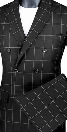 Sophistichic Collection: Black 2 Piece Windowpane Double Breasted Modern Fit Suit