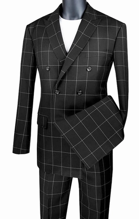 Sophistichic Collection: Black 2 Piece Windowpane Double Breasted Modern Fit Suit